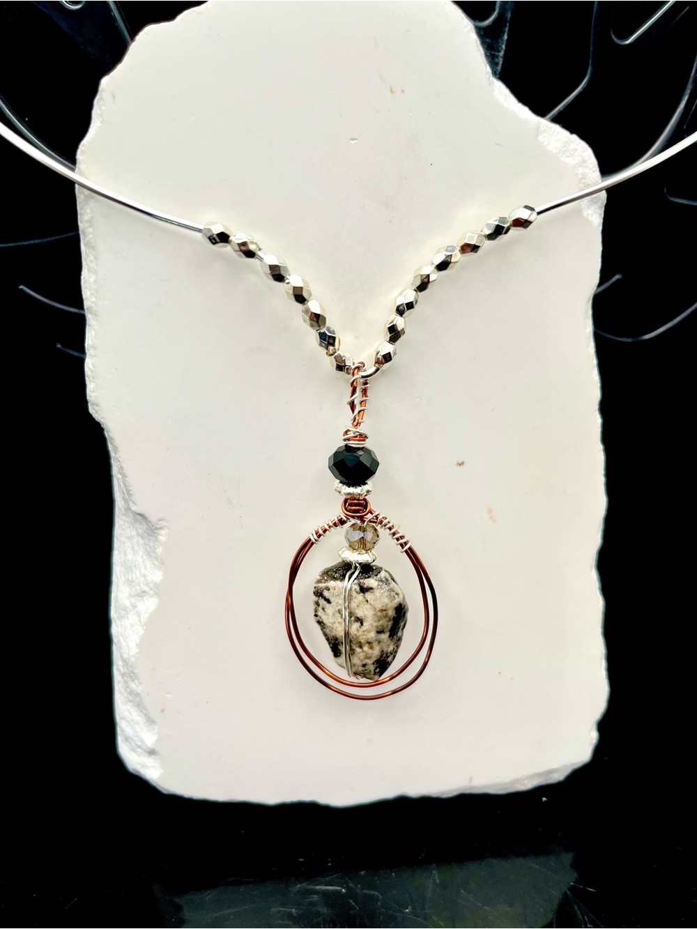 Artisan Copper Wire & Silver Beaded Necklace with Natural Speckled Stone Pendant